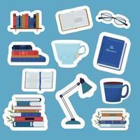 Set of stickers with stack of books, bookshelf, lamp and glasses isolated. Stylish Modern print with books. Vector illustration