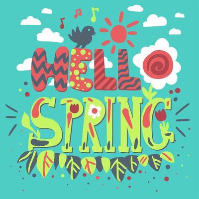 Hello spring cartoon vector lettering