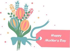 Greeting card for Mother's Day with a bouquet of flowers and a label for the text. vector