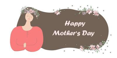 Sweet, dear and gentle mother with flowers in her hair. Mother's Day greeting card. vector