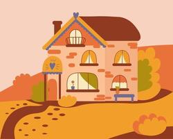 Fabulous two-storey house in an autumn landscape. House of grandparents. Postcard design. Illustration. vector