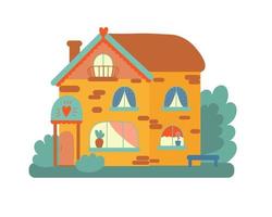 Rustic two-storey house on an isolated background. House of grandparents. Postcard design. Illustration. vector