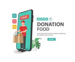 donación de alimentos y comidas a personas con aplicación en un teléfono inteligente, voluntariado y caridad vector