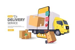 Online delivery on mobile concept. Fast respond delivery package shipping on mobile. Vector illustration