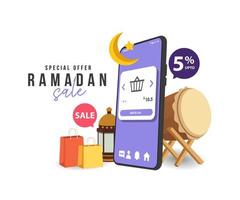 Ramadan Shopping banner, Background crescent with star and lanterns, smartphone, bag for product promo. vector