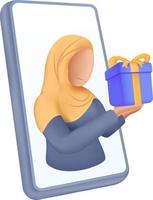 Hijabi Muslim Woman Giving Gift with Smartphone Vector 3D Illustration