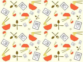 Seamless pattern, menu book, noodle bowl and cutlery on a cream background vector
