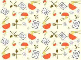 Seamless pattern, menu book, noodle bowl and cutlery on a cream background vector