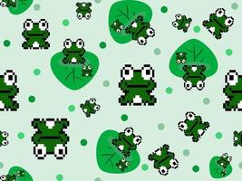 Frog cartoon character seamless pattern on green background. Pixel style vector