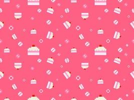 Cake cartoon character seamless pattern on pink background.Pixel style vector