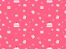 Cake cartoon character seamless pattern on pink background.Pixel style vector