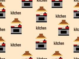 Kitchen cartoon character seamless pattern on brown background.Pixel style vector