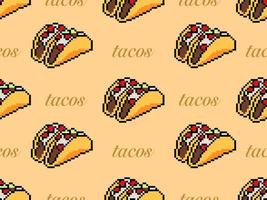 Tacos cartoon character seamless pattern on orange background.Pixel style vector