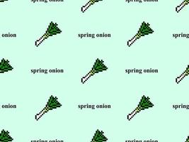 spring onion cartoon character seamless pattern on green background.Pixel style vector