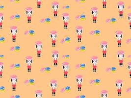 Girl with macaron cartoon character seamless pattern on orange background.Pixel style vector