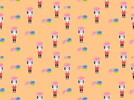 Girl with macaron cartoon character seamless pattern on orange background.Pixel style vector