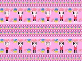 Girl with macaron cartoon character seamless pattern on pink background.Pixel style vector