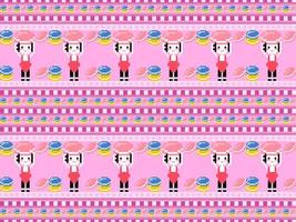 Girl with macaron cartoon character seamless pattern on pink background.Pixel style vector