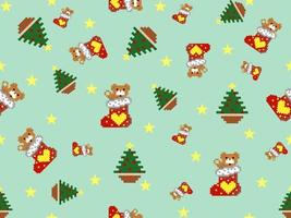 Bear and Christmas socks cartoon characters seamless pattern on green background. Pixel style vector