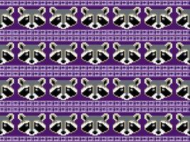 Raccoon cartoon character seamless pattern on purple background. Pixel style vector