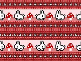 Rabbit cartoon character seamless pattern on red background. Pixel style vector