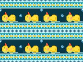 Duck cartoon character seamless pattern on blue background.Pixel style vector