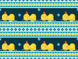 Duck cartoon character seamless pattern on blue background.Pixel style vector