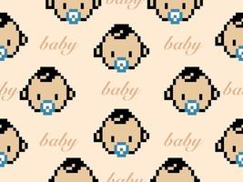 Baby cartoon character seamless pattern on brown background.Pixel style vector