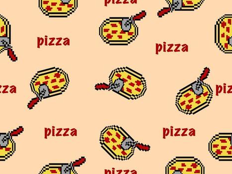 Pizza cartoon character seamless pattern on orange background.Pixel style vector