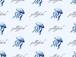 Jellyfish cartoon character seamless pattern on blue background.Pixel style vector