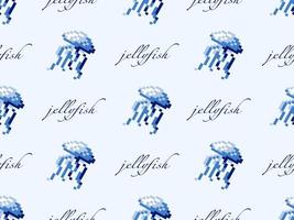 Jellyfish cartoon character seamless pattern on blue background.Pixel style vector