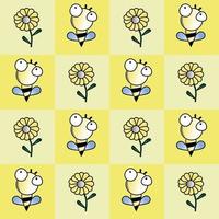 bee and flower cartoon characters on yellow background vector
