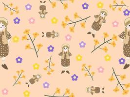 girl and flower cartoon character seamless pattern on orange background vector