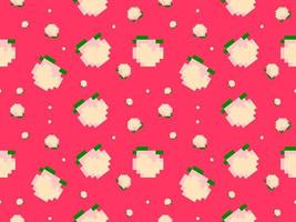 peach cartoon character seamless pattern on pink background.Pixel style vector
