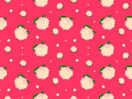 peach cartoon character seamless pattern on pink background.Pixel style vector