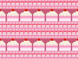 Cake cartoon character seamless pattern on pink background.Pixel style vector