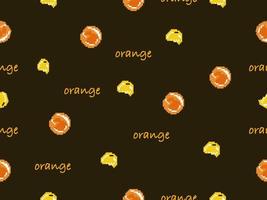 Orange fruit cartoon character seamless pattern on black background.Pixel style vector