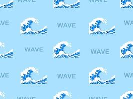 Wave cartoon character seamless pattern on blue background.Pixel style vector