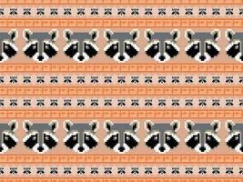 raccoon cartoon character seamless pattern on orange background. Pixel style vector