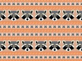 raccoon cartoon character seamless pattern on orange background. Pixel style vector