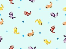 Fish cartoon character seamless pattern on blue background.Pixel style vector