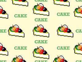 Fruit cake cartoon character seamless pattern on yellow background.Pixel style vector