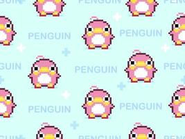 Penguin cartoon character seamless pattern on blue background.Pixel style vector