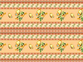 Butterfly and flower cartoon character seamless pattern on orange background.Pixel style vector