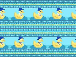 Duck cartoon character seamless pattern on blue background.Pixel style vector
