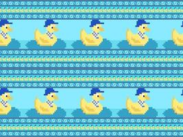 Duck cartoon character seamless pattern on blue background.Pixel style vector