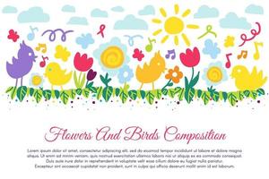 Birds and flowers flat banner with copyspace vector