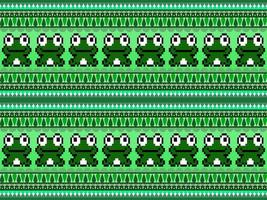 Frog cartoon character seamless pattern on green background. Pixel style vector