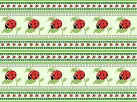 Ladybug cartoon character seamless pattern on green background. Pixel style