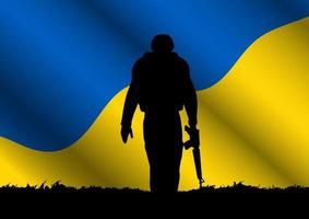 Silhouette of soldier on Ukraine flag background vector